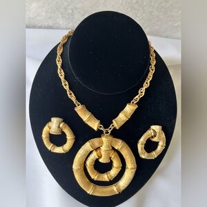 Vintage Napier Bamboo Double Hoop Door Knock Brushed Gold Necklace & Earring Set